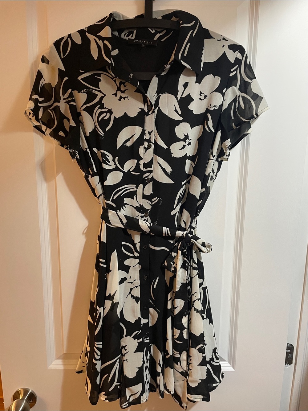 Dynamite Black & White Floral Tie-Waist Mini Dress